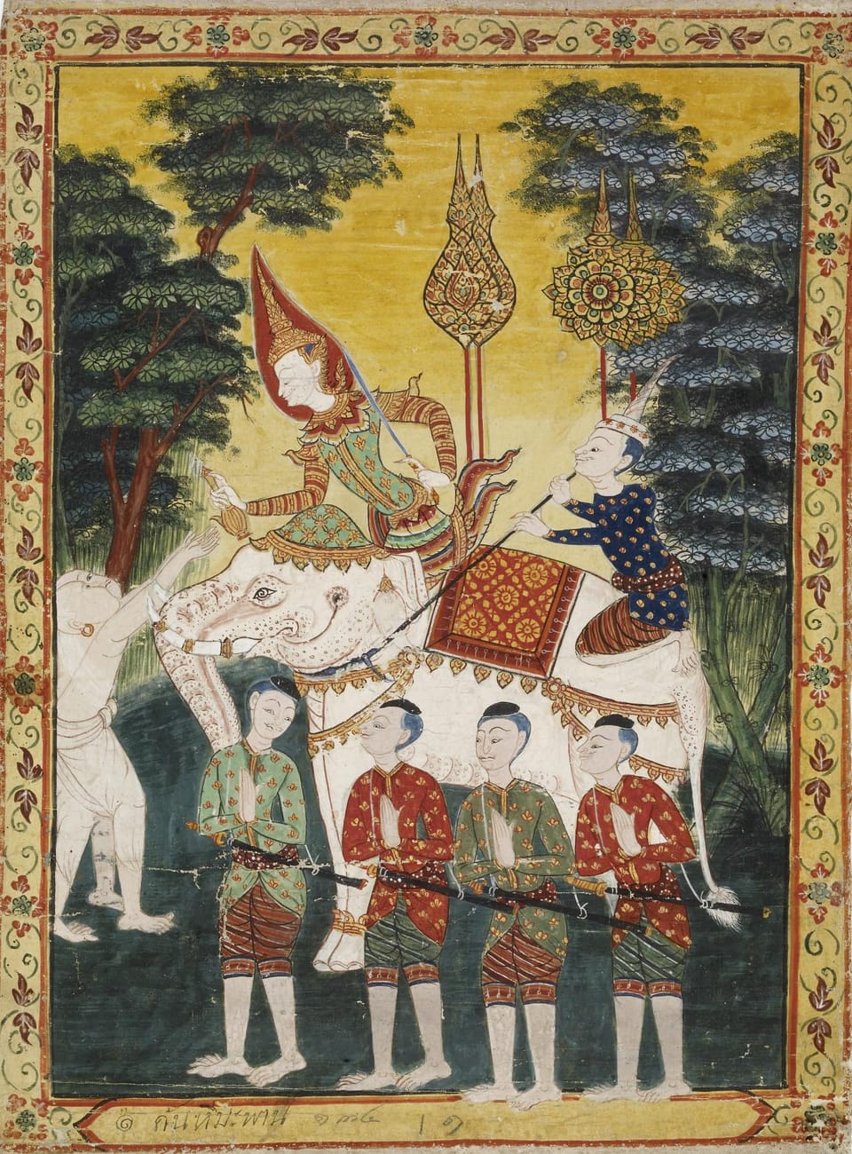 Thai temple painting: Prince Vessantara gives away the white elephant